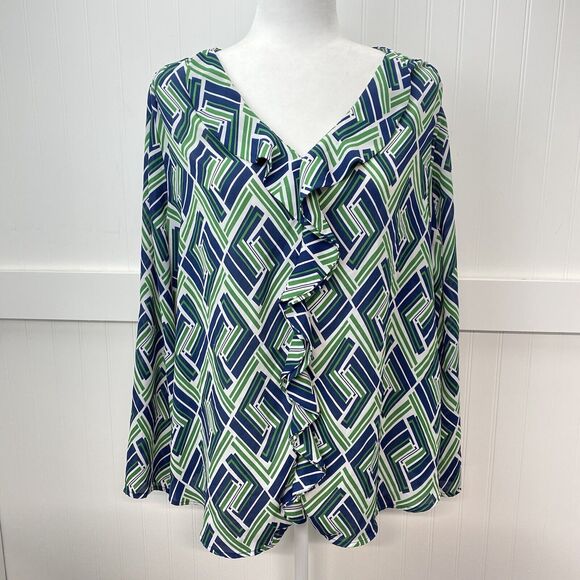 Zac & Rachel Blouse Sz 1X Green/Navy Blue Roll Tab Sleeve Bold Geometric Pattern - Picture 1 of 10